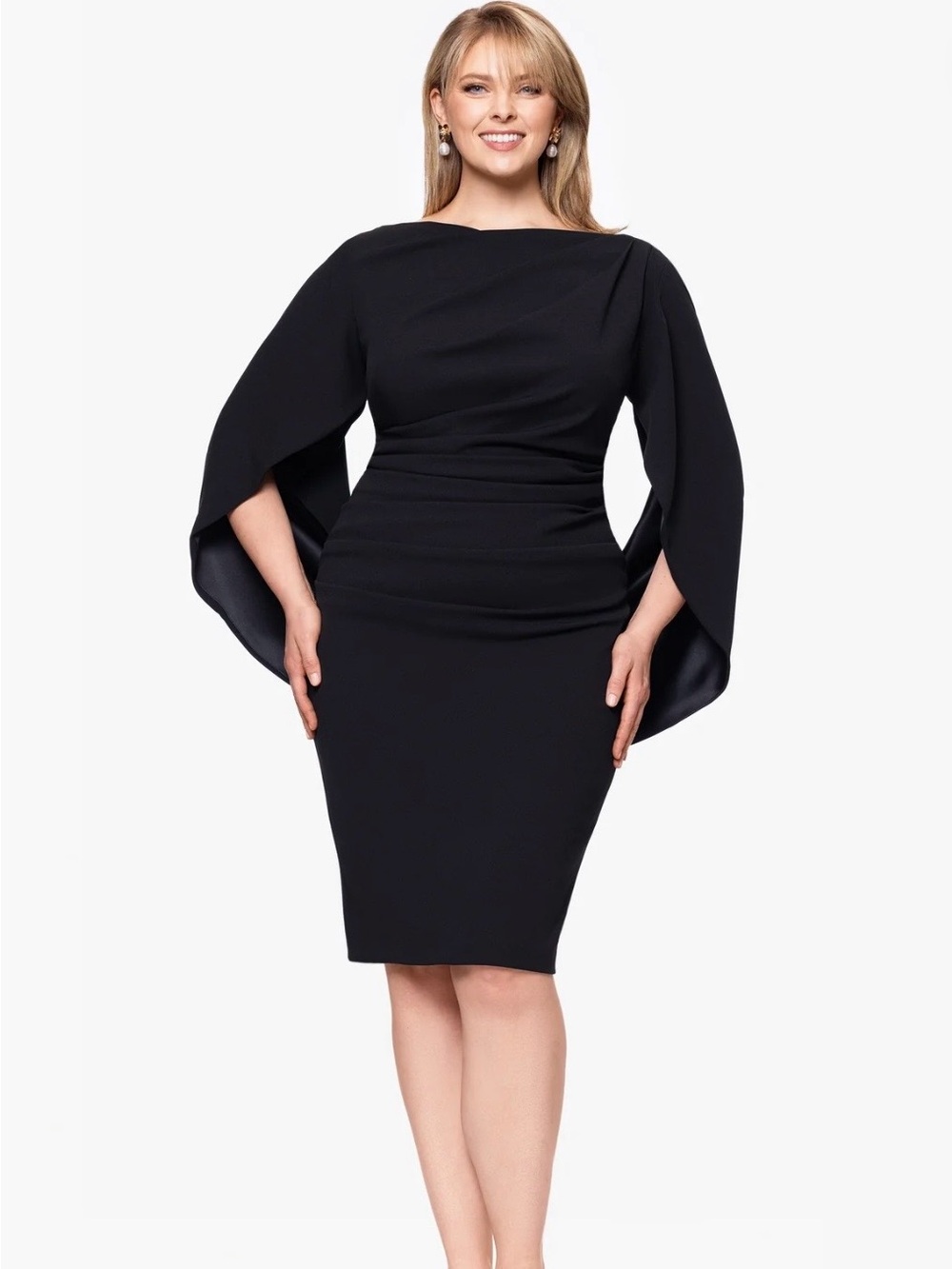 Betsy and Adam Black Midi Sheath Dress with Draped Cape Sleeves - Women